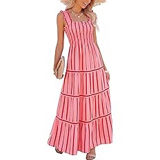 Caracilia Womens Summer Maxi Dresses Floral Smocked Sleeveless Ruffle Boho Casual Flowy Aline Bea... | Amazon (US)