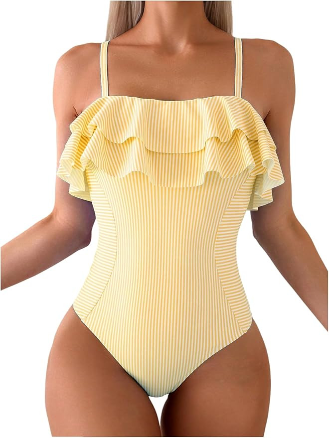 Floerns Women's One Piece Swimsuit Ruffle Trim Striped Print Monokini Swimwear | Amazon (US)