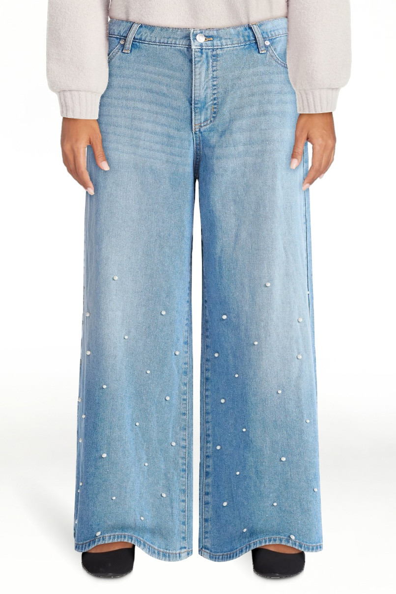 Scoop Women's and Women’s Plus Wide Leg Jeans with Faux Pearl Accents, Sizes 0-26W | Walmart (US)
