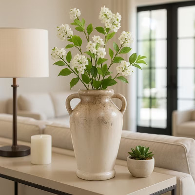 Textured Rustic Terracotta Vase with Handles Design - Perfect Flower Vase for Living Room, Bedroom, Office, and Room Decor - 12", Ivory & Brown | Target