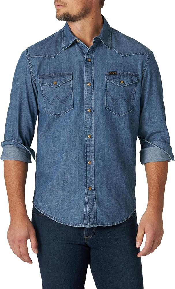 Wrangler Men's Iconic Denim Regular Fit Snap Shirt | Amazon (US)