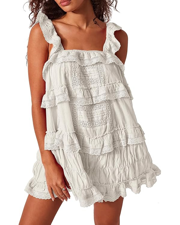 Gacaky Women's Summer Casual Sleeveless Rompers Ruffle Flowy Boho Sun Dress Loose Mini Dress with... | Amazon (US)