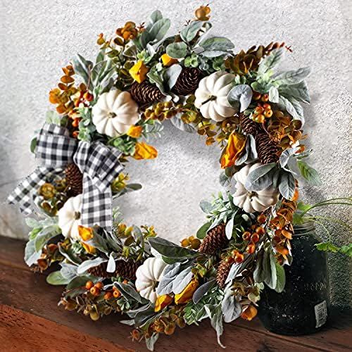 WANNA-CUL 24 inch Farmhouse Fall Wreath Decor for Front Door with White Pumpkin,Cotton,Lamb's Ear... | Amazon (US)