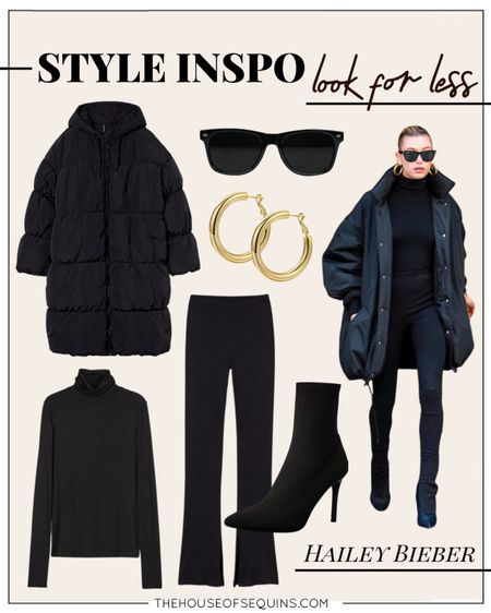 Hailey Bieber inspired Look for Less! All Black Outfit. Black puffer coat fall outfit. Sock booties, split hem leggings, turtleneck, gold hoops. celebrity style. #thehouseofsequins #houseofsequins 

Follow my shop @thehouseofsequins on the @shop.LTK app to shop this post and get my exclusive app-only content!

#liketkit 
@shop.ltk
https://liketk.it/3PPSk

#LTKstyletip #LTKunder50 #LTKSeasonal