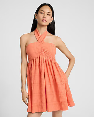 Crinkle Striped Tie Halter Mini Dress | Express