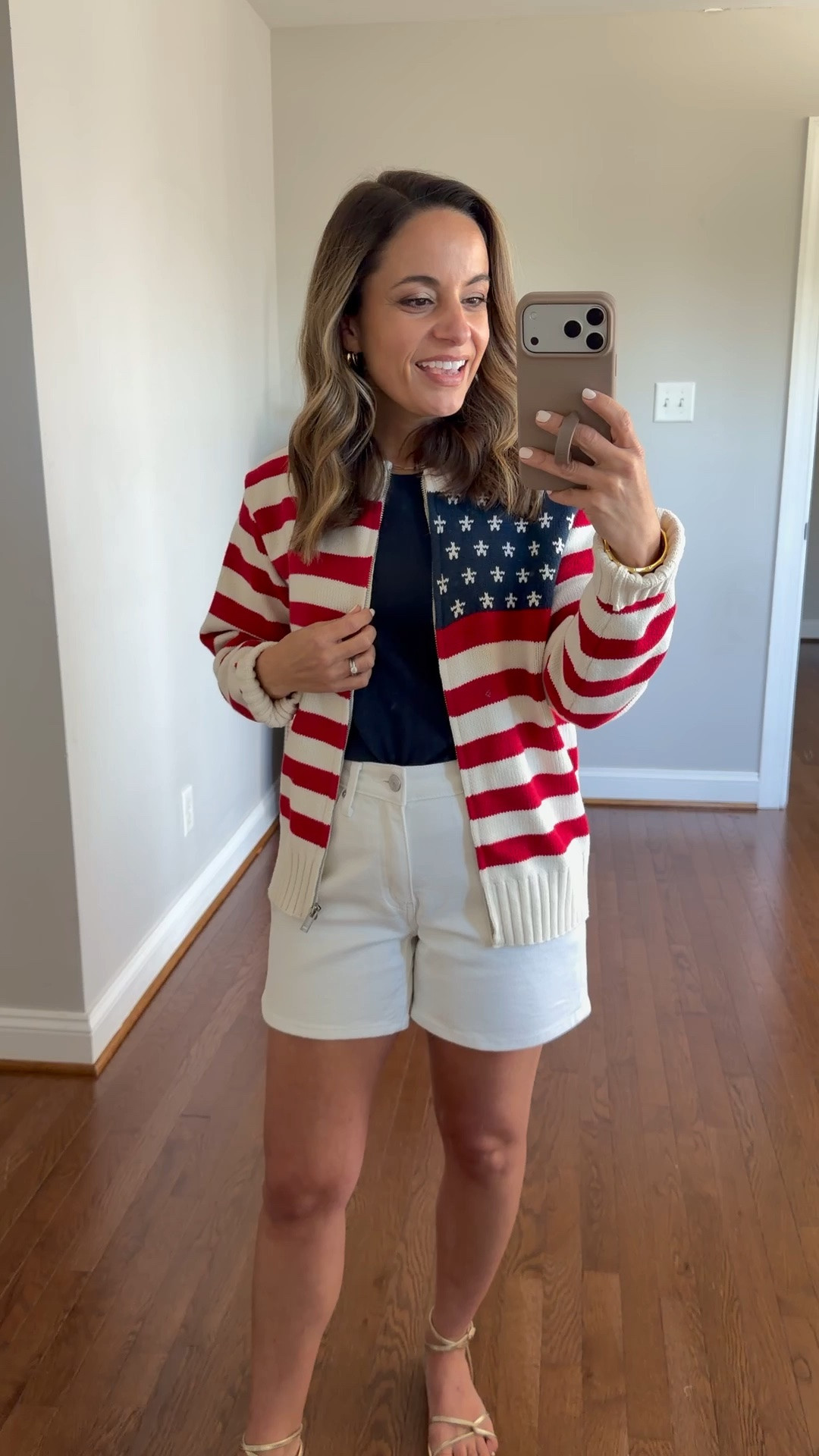 4th of July ready! 

Sweater: xs 
Tank Top: xxs 
Shorts: 24