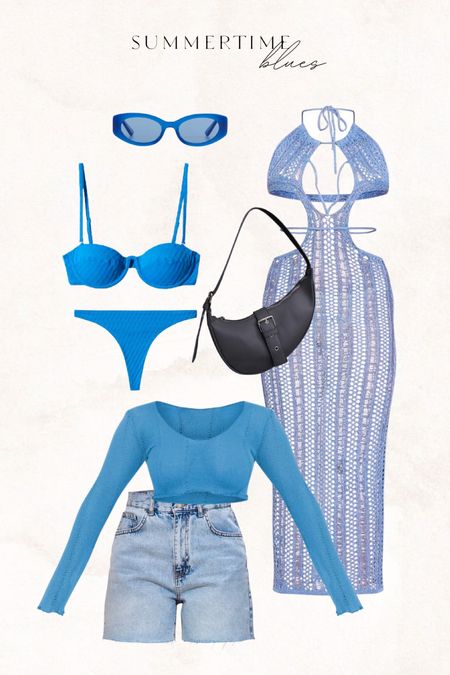 Summertime blues 🦋🤍 This gorgeous blue two piece suit and cover up! 

blue dress l blue l jean shorts l blue top l bikini l bikini set l suit 