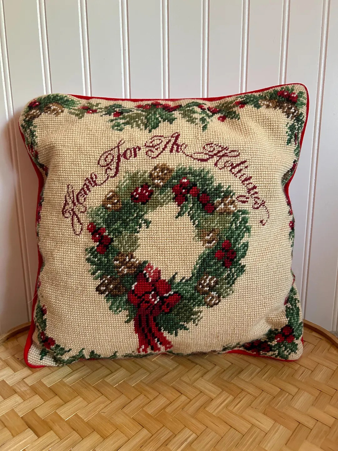 Vintage Christmas Home for the Holidays Wreath Needlepoint Tapestry Throw Pillow Ralph Lauren Chr... | Etsy (US)