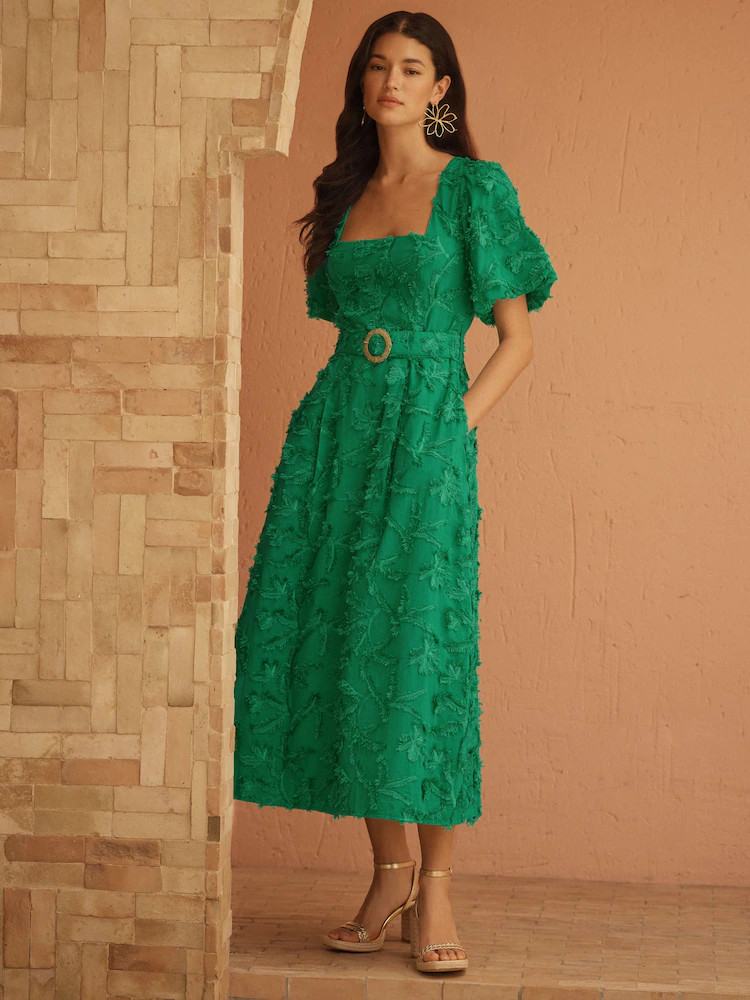 Love & Roses Green Tufted Palm Puff Sleeve Midi Dress | Next US
