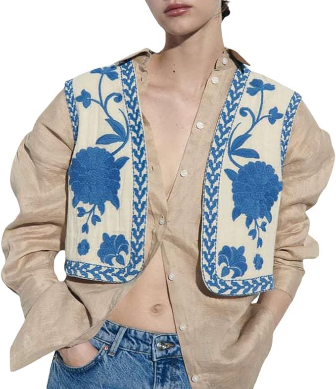 Linen Vest for Women Y2k Vintage Embroidery Floral Vest Crochet Open Front Cardigan Vests Tops Lo... | Amazon (US)