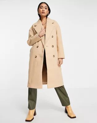 Topshop double breasted long coat in camel | ASOS (Global)
