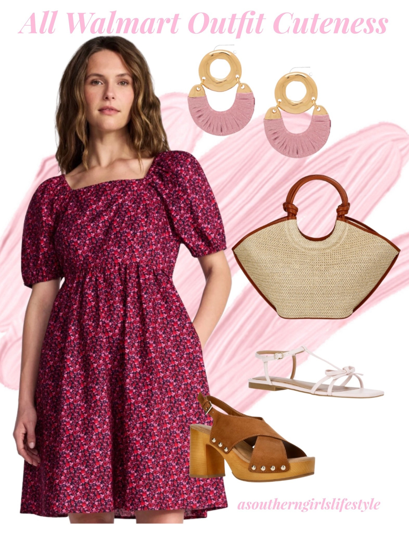 Head to Toe All Walmart Outfit! Go a little more casual with the flat sandals or little dressier with the heels. From Church to Work to Fun

Rose Dark Navy Tie Back Puff Sleeve Mini Dress, Gold Tone Doorknocker Earrings with Pink Raffia Wrapping, Straw Like Faux Leather Know Handle Tote Bag, Pink Flat Bow Sandals & Block Wood Heel Cross Strap Sandals 

Spring Dress. Spring Dresses. Spring Outfits 2026.   

#LTKootd #LTKPetite #LTKSeasonal