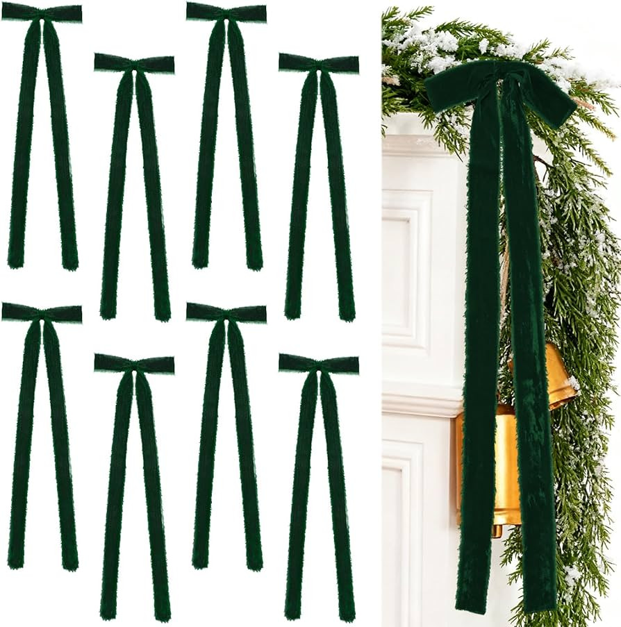 8 Pcs Green Velvet Christmas Bows 8" x 23.6" Pre Tied Handmade Fringe Velvet Ribbon Bows Rustic C... | Amazon (US)