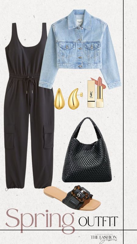 Spring Outfit | Jumpsuit | Denim Jacket | Black Sandal | Woven Bag | Gold Accessories |

#LTKSeasonal #LTKstyletip #LTKshoecrush