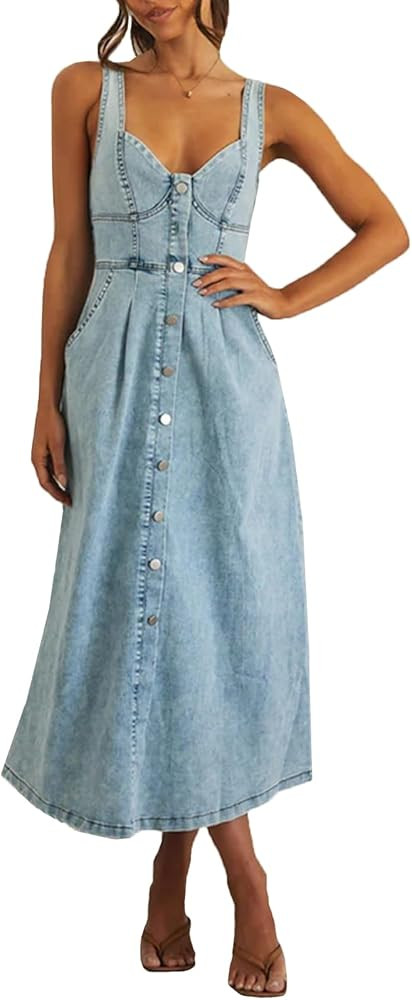 Women's Sexy Strap Maxi Denim Dress Summer Sleeveless Halter Bodycon Maxi Dresses | Amazon (US)