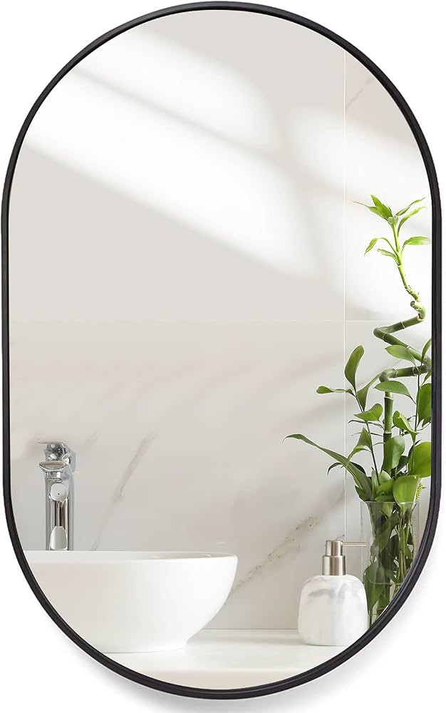 HOWOFURN Wall Mounted Mirror, 20’’x30’’ Oval Bathroom Mirror, Black Vanity Wall Mirror w/... | Amazon (US)