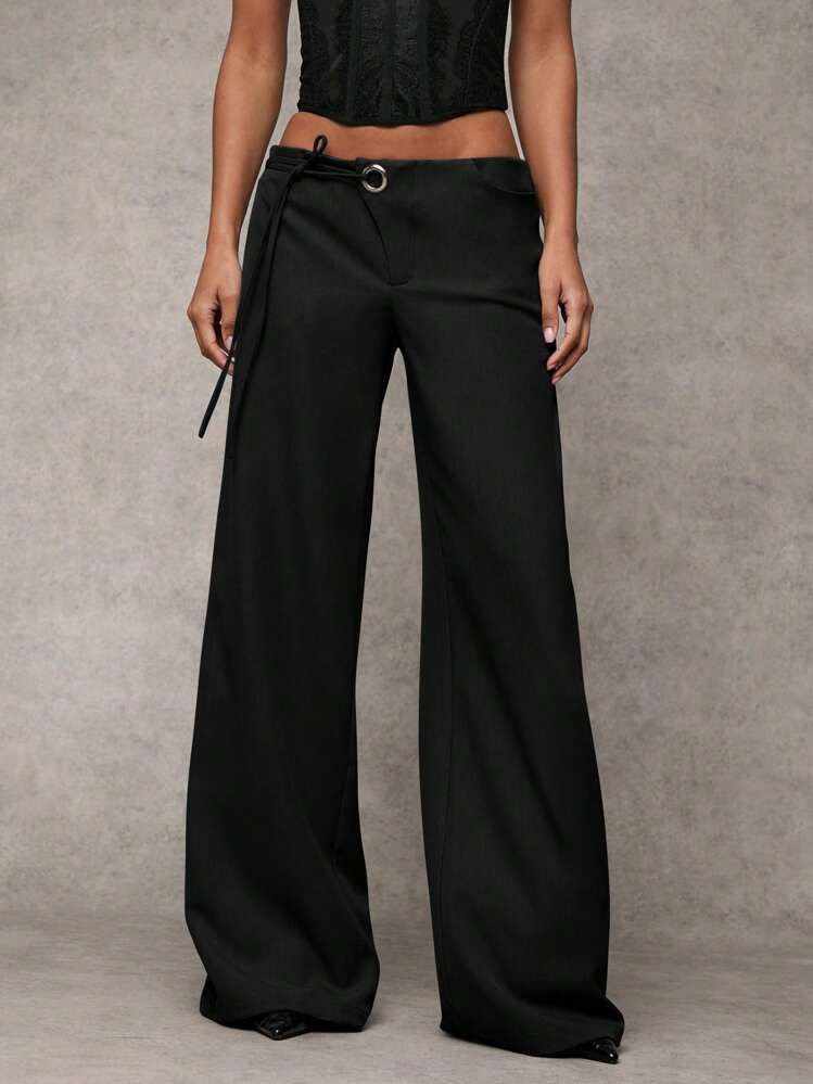 SHEIN BAE Women's Casual Plain Grey Wide-Leg Relaxed Fit Trousers With Drawstring & Mesh Panel Decoration, Versatile For Everyday Wear & Commute ,Business Casual Woman | SHEIN