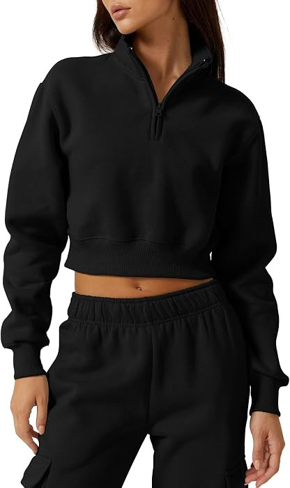 QINSEN Womens Half Zip Crop Sweatshirt High Neck Long Sleeve Pullover Cropped Top | Amazon (US)