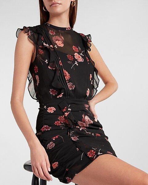 Floral Print Ruched Mini Dress | Express