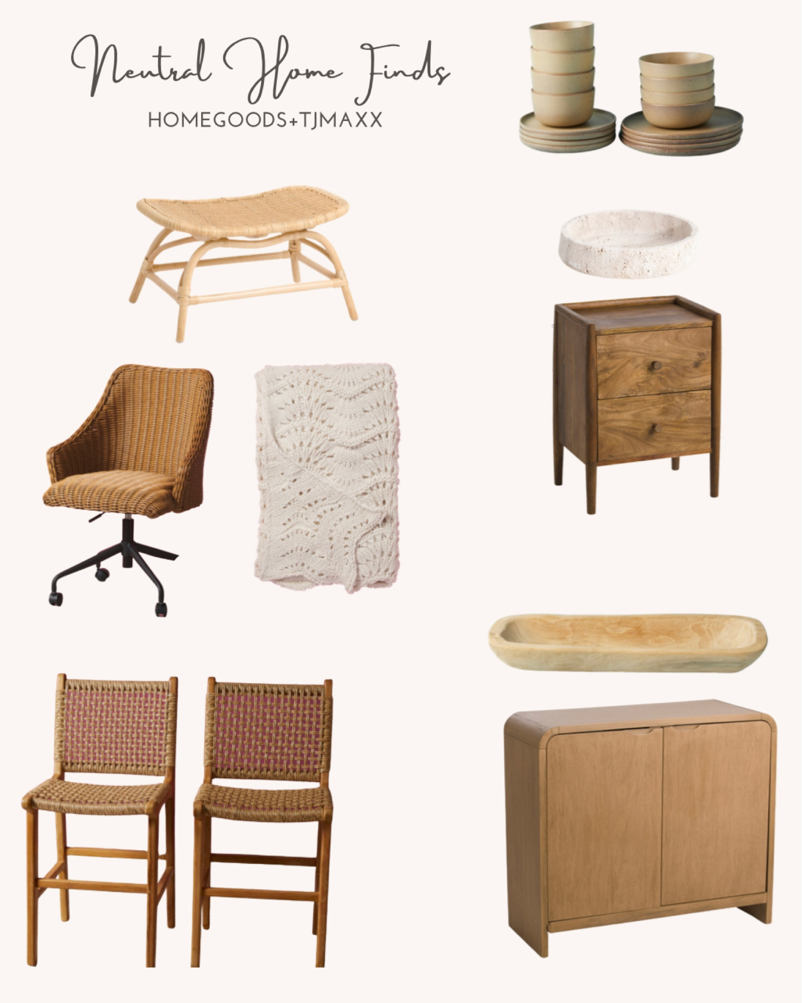 Neutral home finds from Homegoods and TJmaxx. Rattan stool. Rattan woven office chair I LOVE. Wood cabinet and nightstand. Counter stools. Crochet throw blanket. 

#LTKunder100 #LTKhome #LTKunder50