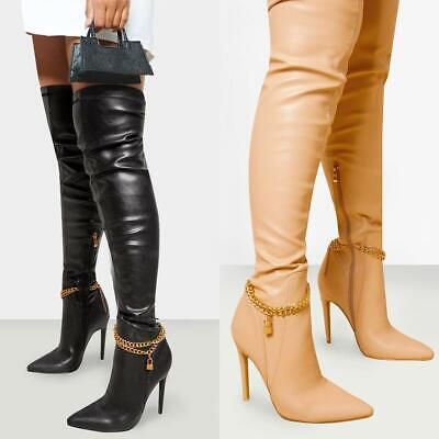 Womens Ladies Stretch Pu Gold Chain Thigh High Over The Knee Boots Zip Up Size | eBay US