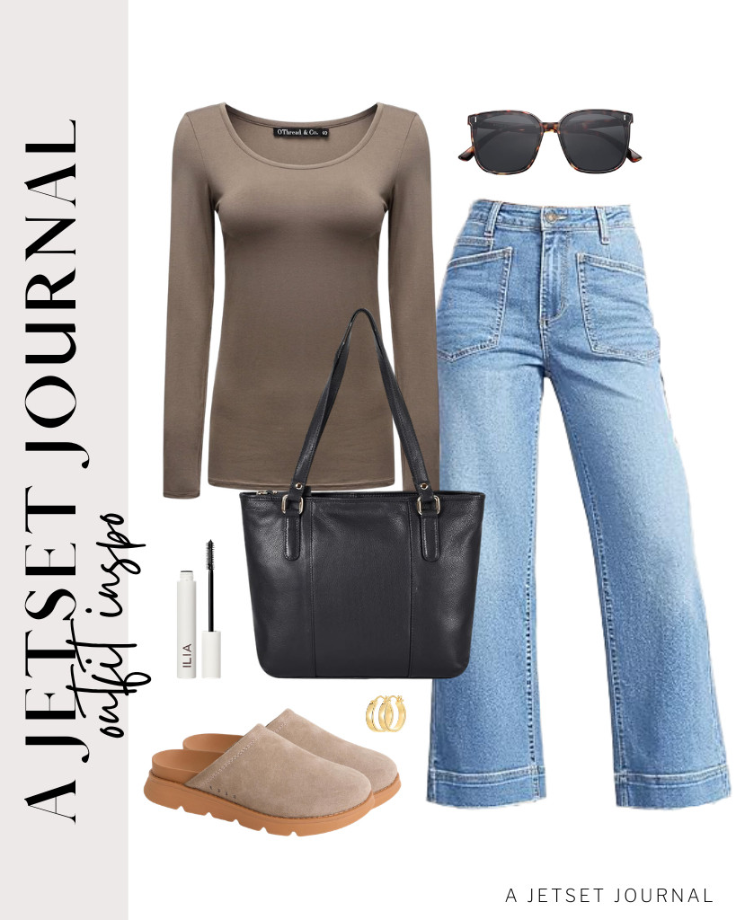 The next outfit is a brown OThread & Co. long-sleeve T-shirt paired with Cicy Bell jeans. Style this fit with an Oak Leathers Tote handbag and REEF Vista Luxe Marianna clogs. These SOJOS sunnies go well with this look, too. 

 #LTKSeasonal #LTKSaleAlert #LTKTravel