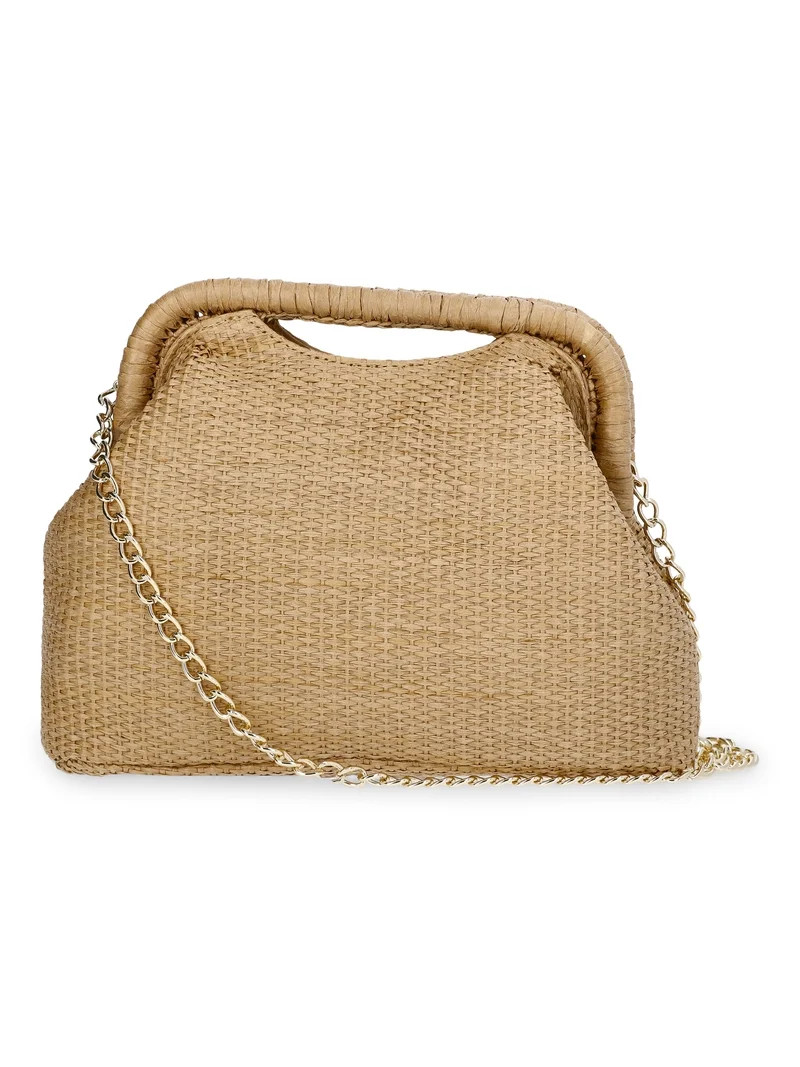 Time and Tru Women's Embroidered Straw Frame Clutch Handbag, Natural | Walmart (US)