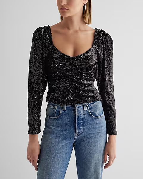 Sequin Sweetheart Neckline Puff Sleeve Ruched Front Top | Express