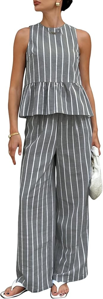 Yeokou Women 2 Piece Outfits Casual Striped Sleeveless Tank Tops High Waist Wide Leg Pants Lounge... | Amazon (US)