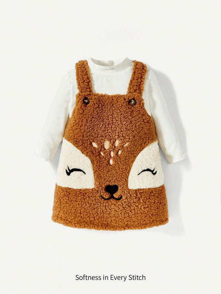 Cozy Cub Baby Girl Mock Neck Tee & Cartoon Embroidery Overall Dress | SHEIN