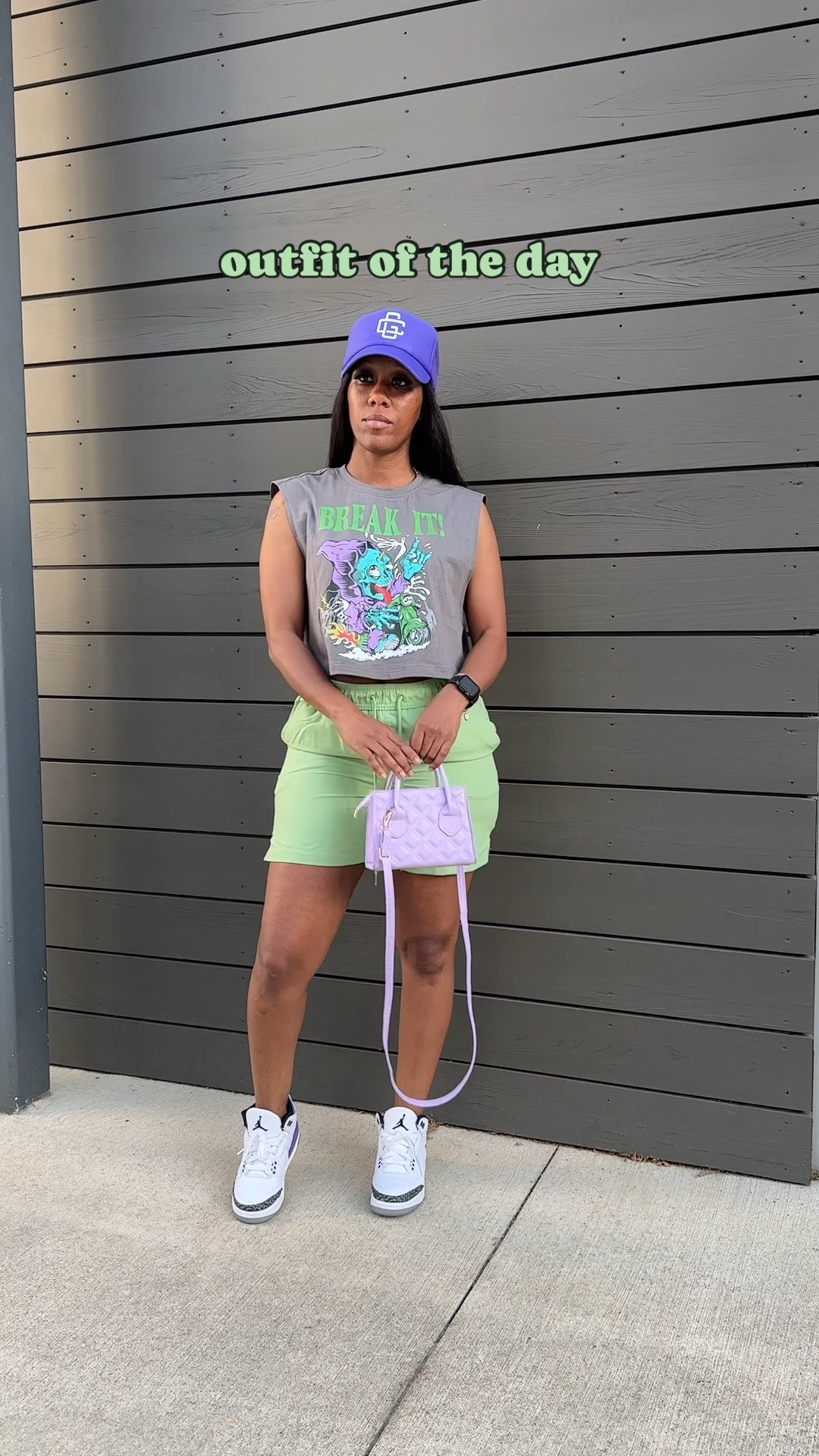 Summer street style outfits I’m wearing a cropped graphic tee with lime green shorts. I styled it with a purple trucker hat, purple mini crossbody bag, and my Jordan 3 dark iris

#LTKFestival #LTKstyletip #LTKSeasonal