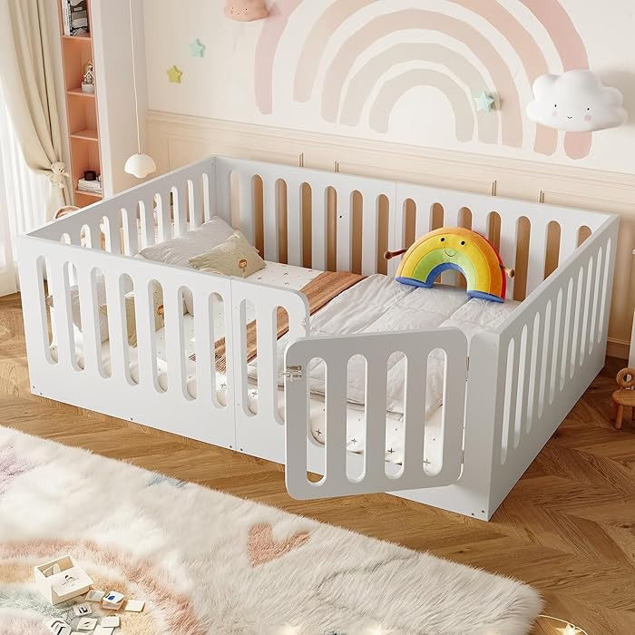 KEIKI Full Size Wood Montessori Floor Bed Frame with Door, for Girls and Boys, Modern Style Low-P... | Amazon (US)