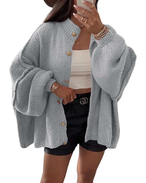 Saodimallsu Womens Oversized Cardigans Long Lantern Sleeve Button Down Chunky Knit Loose Fall Swe... | Amazon (US)