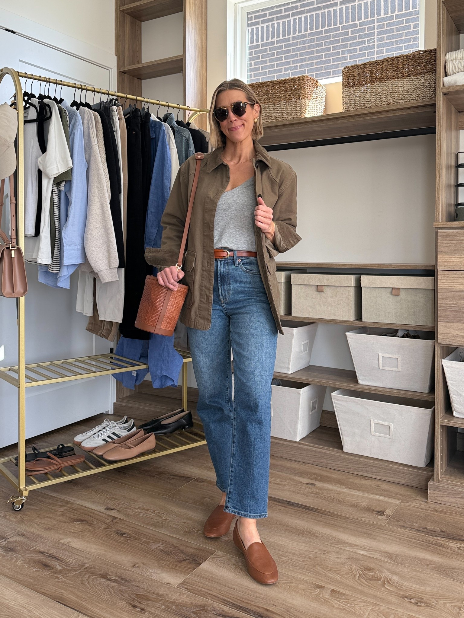 Wearing 26 jeans, small tee, small barn jacket, small belt, loafers tts 