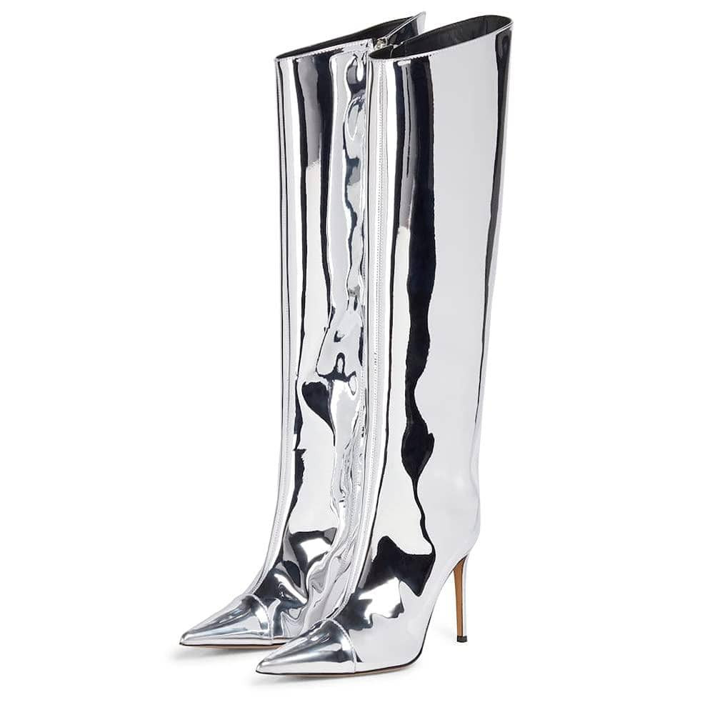 Arqa Women's Metallic Mirror Over The Knee Boots Stiletto High Heels Wide Calf Boot With Zipper Pointed Toe Dressy Shoes | SHEIN