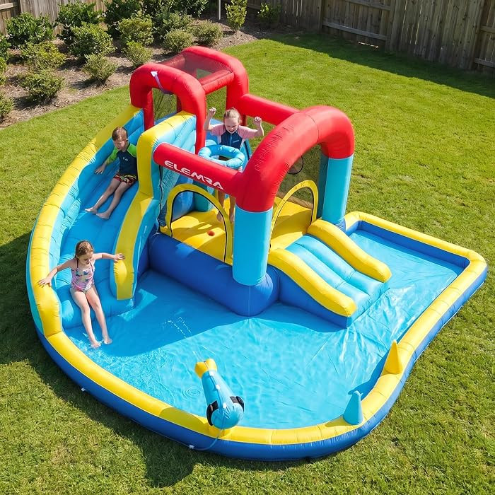 9 in 1 Inflatable Water Slides, Inflatable Bounce House with Blower & 2 Slides Climbing Walls & 2 Water Guns, Deep＆Splash Pool, Water Slides for Kids Backyard for 6,108.3 * 106.3 * 56.3 in | Amazon (US)
