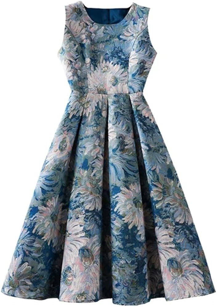 Generic Women Vintage Elegant Flower Jacquard A Line Knee Length Dress Lady Summer Ball Gowns Par... | Amazon (US)
