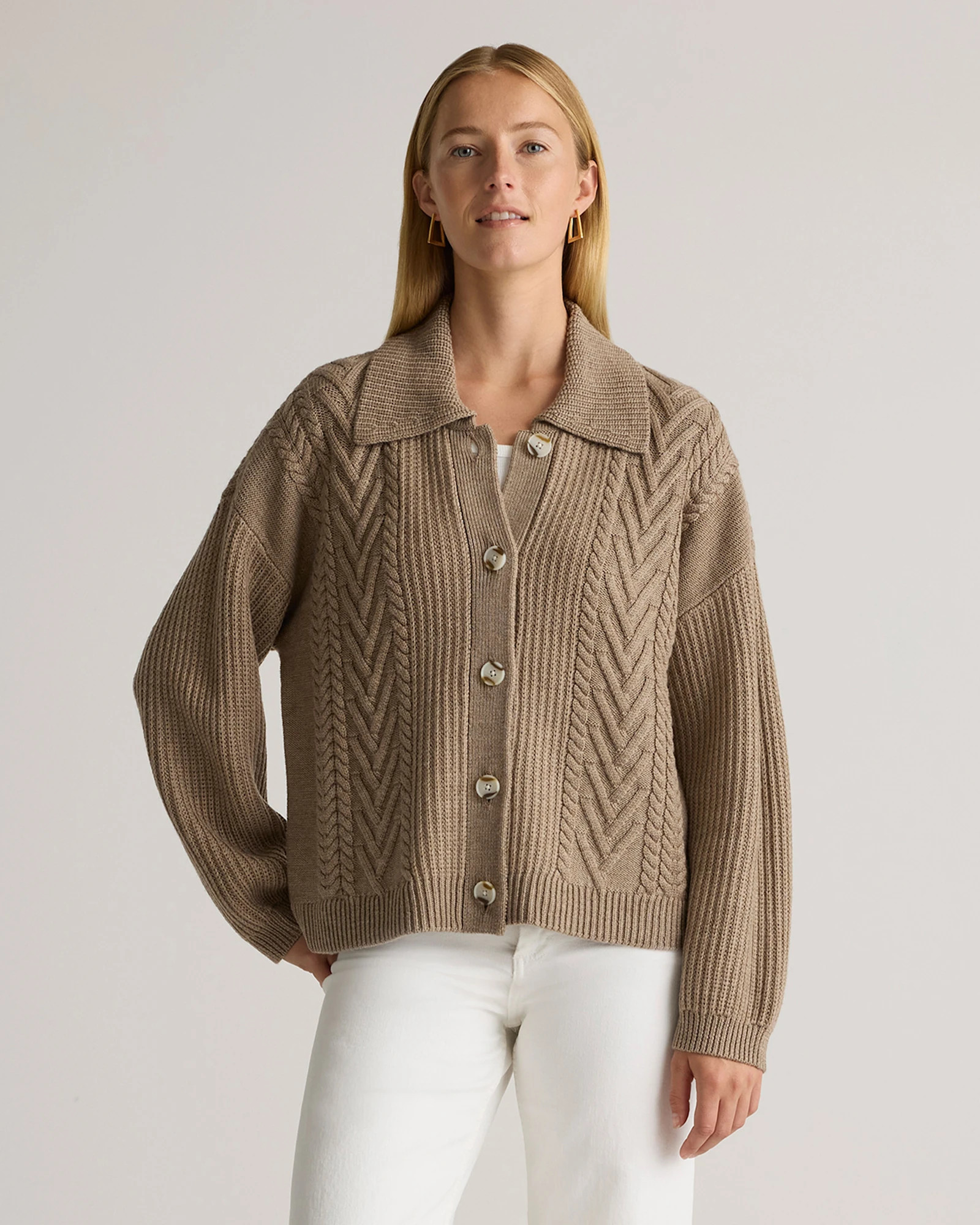 Quince | Women's Australian Merino Wool Collared Cardigan Sweater in Heather Bone, Size Large | Quince