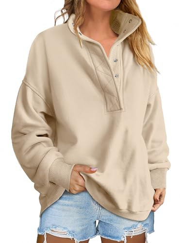 ANRABESS Womens Oversized Sweatshirt Long Sleeve Henley Pullover Tops 2026 Spring Casual Button Loose Fit Teens Outfits Parchment X-Large | Amazon (US)