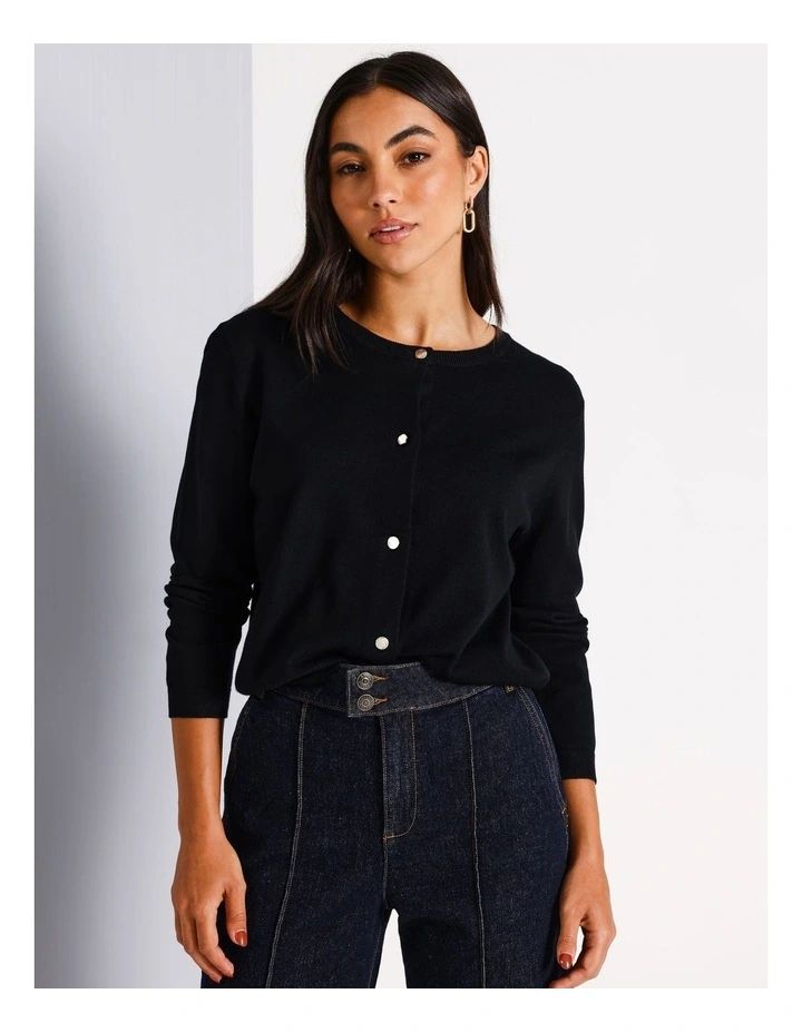 Button Front Cropped Cardi in Black | Myer