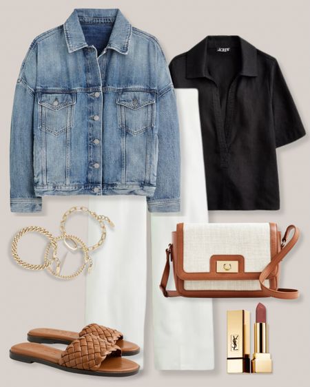 Denim jacket
Black shirt sleeve shirt
White pants
Brown canvas bag
Gold bracelets
Pink lipstick
Woven sandals
Brown sandals
J.Crew outfit
Spring outfit
Weekend outfit
Vacation outfit

#LTKworkwear #LTKfindsunder100 #LTKSeasonal