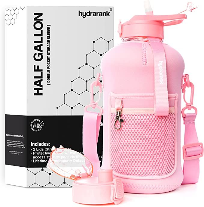 HYDRARANK Half Gallon Water Bottle with Storage Sleeve includes Straw Lid and Chug Lid - BPA Free... | Amazon (US)