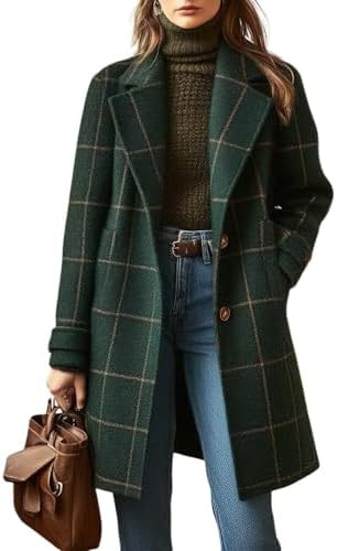 chouyatou Women's Winter Notched Collar Plaid Wool Trench Coat Button Down Mid Long Overcoat Oute... | Amazon (US)