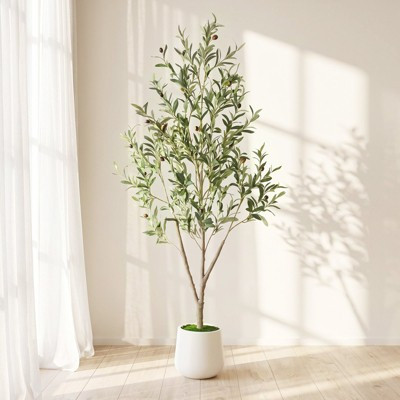 Romswi Faux Olive Tree with Oval White Planter, 5 FT Tall Faux Olive Trees, with Natural Wood Trunk Lifelike Fruits, Fake Greenry Plant for Home Decor | Target