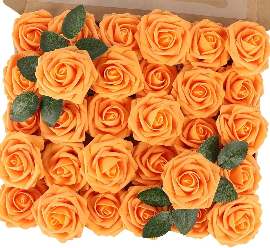 MACTING 30PCS Artificial Rose Flowers Real Touch Fake Flowers with Stem Orange Foam Roses for DIY... | Amazon (US)