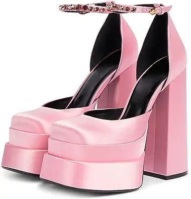 Womens Platform Dress Pumps Ankle Strap Block High Heeled Silk Satin Square Toe Fashion Heeled Pu... | Amazon (US)