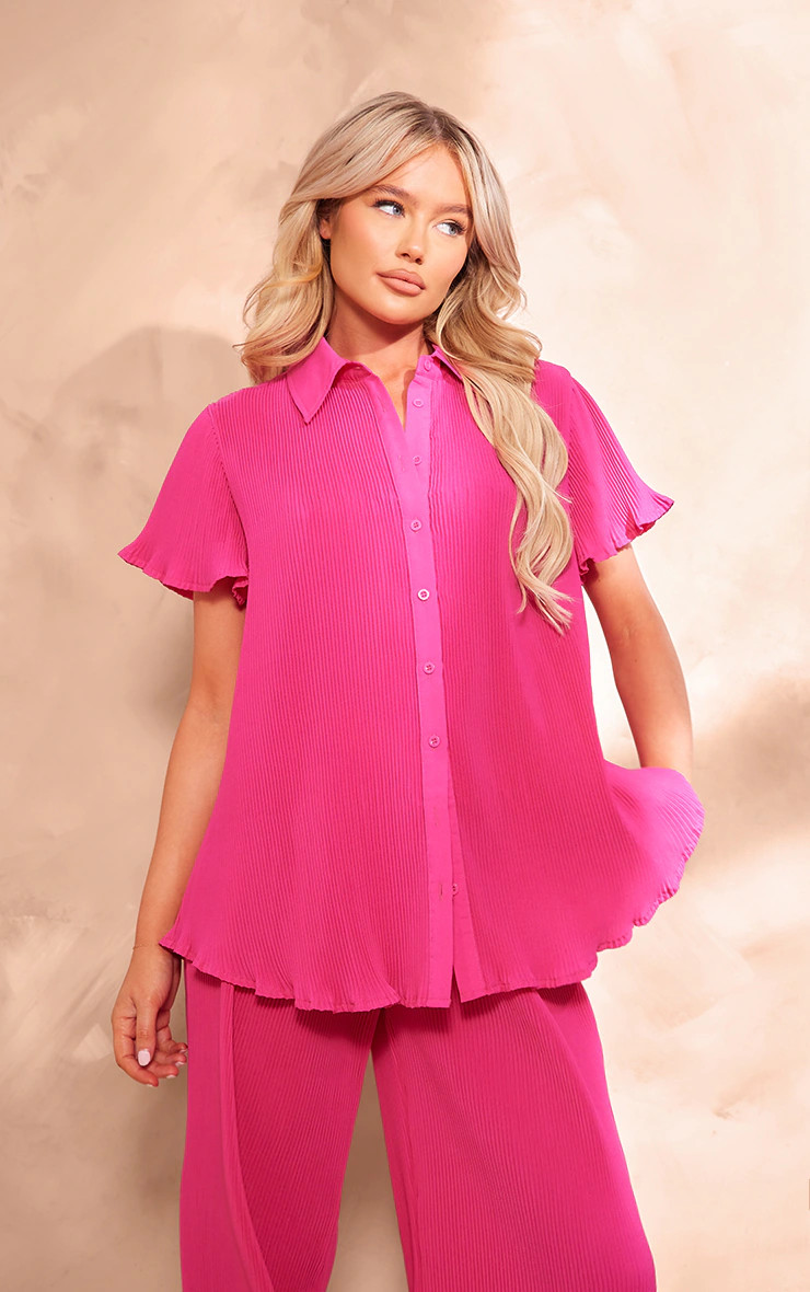 Hot Pink Chiffon Plisse Short Sleeve Shirt | Pretty Little Thing (Australia & New Zealand)