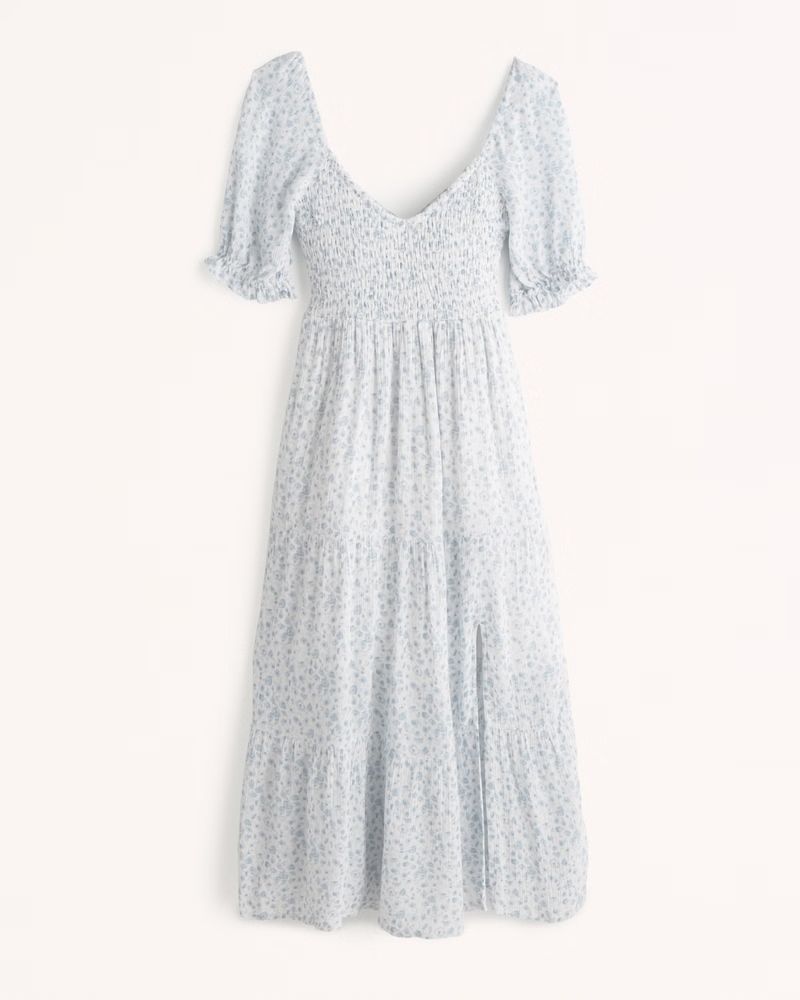 Abercrombie & Fitch Women's Short-Sleeve Smocked Midi Dress in Light Blue Pattern - Size XS TLL | Abercrombie & Fitch (US)