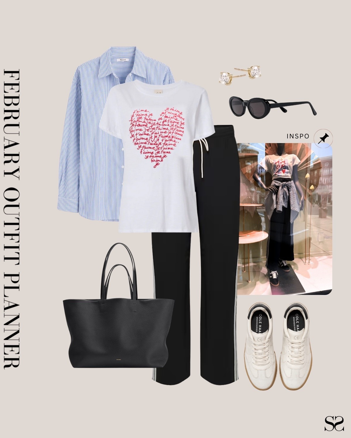 Monthly outfit planner FEBRUARY: Winter outfits | track pant, graphic tee, striped button up, sneakers, leather tote

#classicstyle #LTKstyletip #winteroutfit #casualchic #valentinesday

Image inspo credit: @Anthropologie 

#LTKgrwm #LTKootd