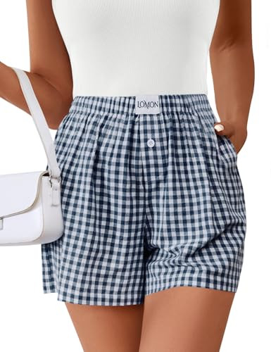Lomon Boxer Shorts for Women Summer Gingham Pajamas 2026 Lounge Sleep Pj Plaid Shorts Y2K Beach B... | Amazon (US)
